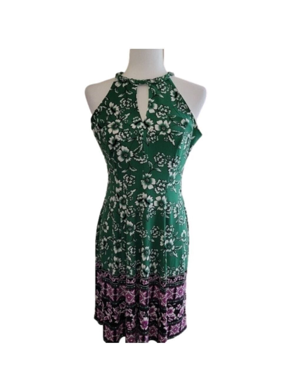 Wisp Green Pink Floral Spandex Sleeveless Halter Summer Dress Size 6 Petite EUC